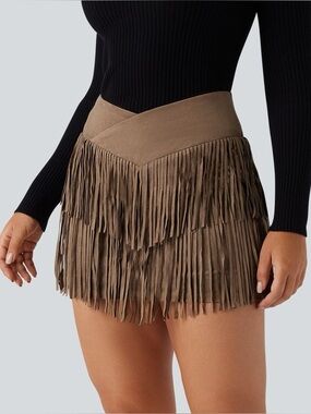 Halara Crossover High Waisted 2-in-1 Fringe Hem Bodycon Mini Suede Party Skirt